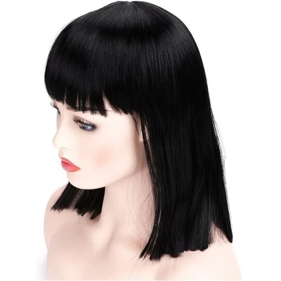 Morvally Short Straight Black Wig with Bangs Natural Looking Heat Resistant Hair